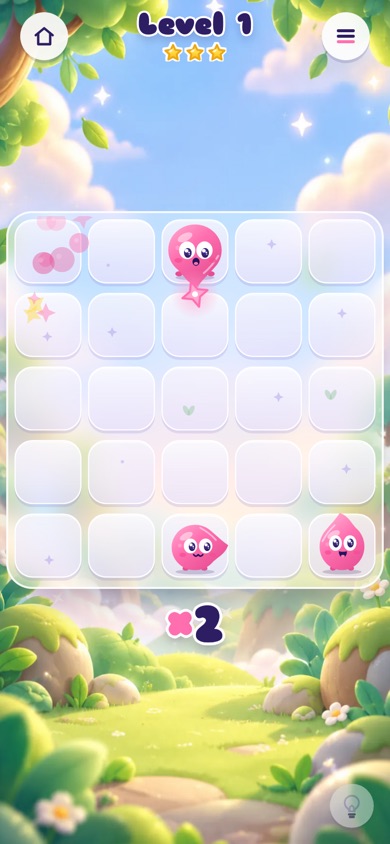 A Droplis board mid chain reaction: sparkles fly from a popped Dropli to its neighbours