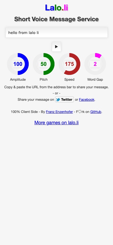 Lalo.li voice messages: a text field and four colourful dials for amplitude, pitch, speed and word gap